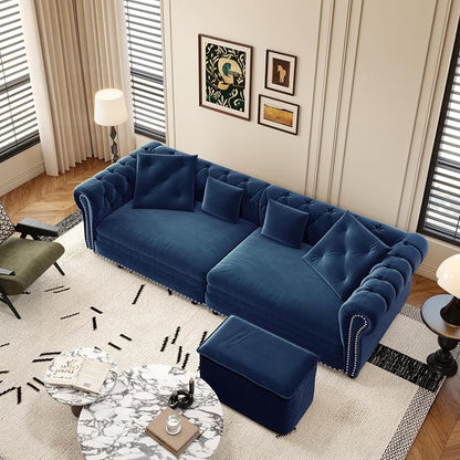 89" King Size Sleeper Sofa Bed - 3-in-1 Convertible Pull Out Sofa Bed with Ottoman, Button Tufted Chesterfield Sofa, Queen Sleeper Couch for Small Spaces Apartments, Guest Rooms, Living Room, Blue