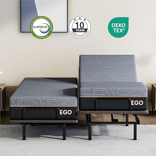 Dyonery Split King Adjustable Bed Base Frame with Wireless Remote + 12 Inch SPK Gel Memory Foam Mattress Bed in a Box, Head and Foot Incline, Zero Gravity, Fiberglass Free,80" × 38"