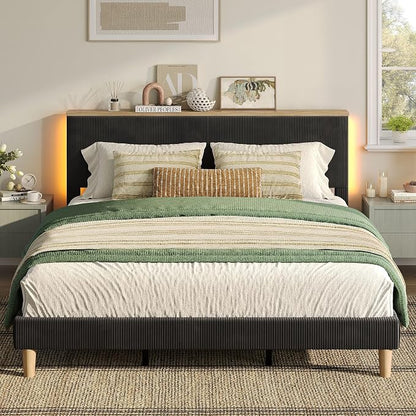 Bestier King Bed Frame with Adjustable Headboard & LED Lighting, Corduroy Upholstered Platform Bed Frame with Storage Shelf, Solid Wood Slats, No Box Spring Needed, Never Squeak, Easy Assembly, Black