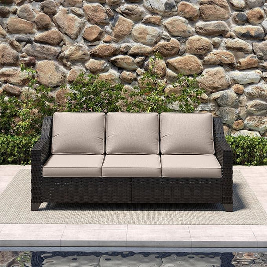 77'' Patio Sofa, All Weather Outdoor Rattan Wicker 3-Seat Sofa High Back Couch with Premium Cushions for Garden Backyard Porch(Brown/Beige)