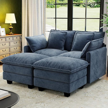 58" Cloud Couch Loveseat, Deep Seat Modular Sectional Sofa with 4 Removable Washable Pillows and 2 Ottoman for Living Room, Bedroom, Apartment, Blue