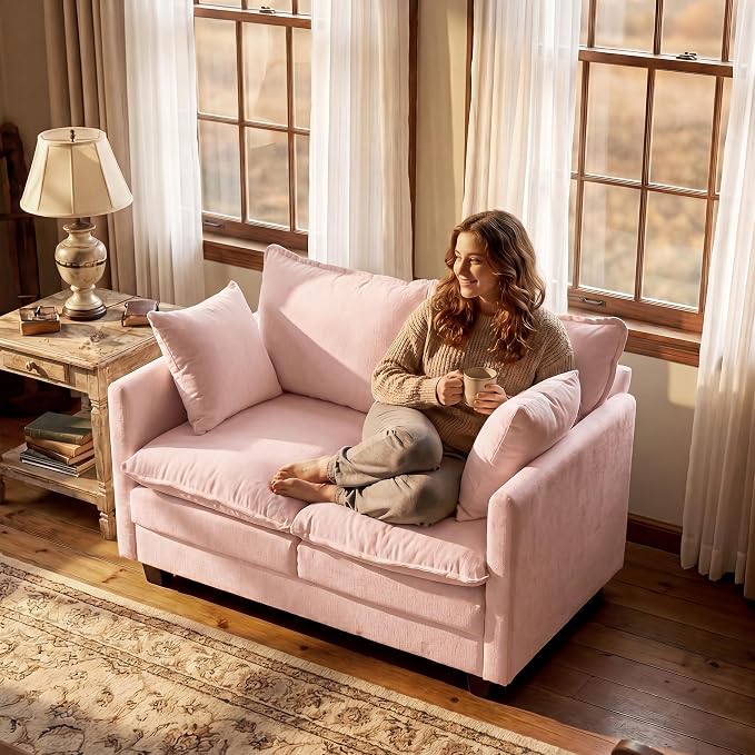 Loveseat Sofa with Cloud 3-Layer Cushion & 27" Deep Seat, Modern Love Seat Small Couch with 2 Washable Pillows for Small Spaces, Bedroom, Apartment, Office, Living Room, in a Box, 50-Inch Blush Pink