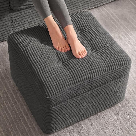 23.6in Pouf Ottoman, Corduroy Ottoman Foot Rest with Dual‑Layer Support, Large Plush Pouf with Soft Chunk‑Foam Top & Firm Foam Base, Floor Foot Stool for Living Room, Dark Grey