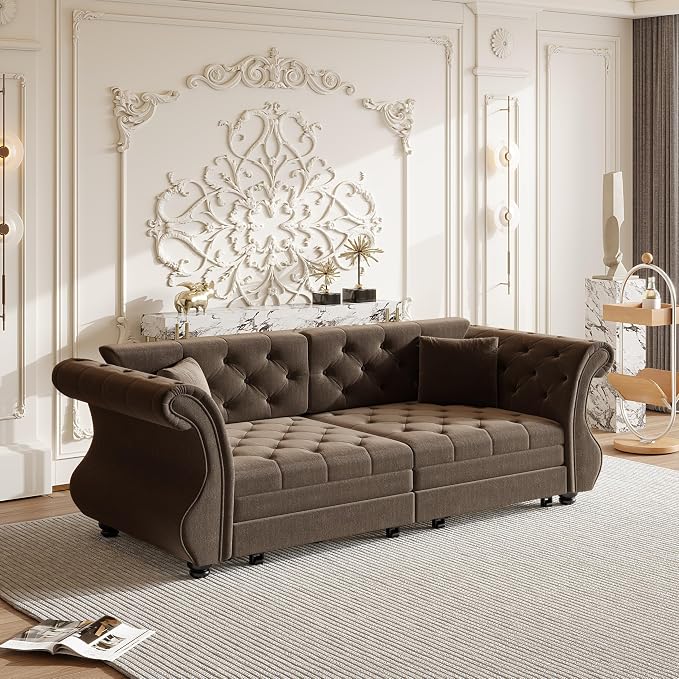 83.8" Oversized Pull Out Sofa Bed, Chesterfield Velvet Sleeper Sofa Couch with Roll Arm & Flower Tufting, Heavy Duty Metal Frame Convertible Sofa for Living Room, Apartment, Guest Room, Brown