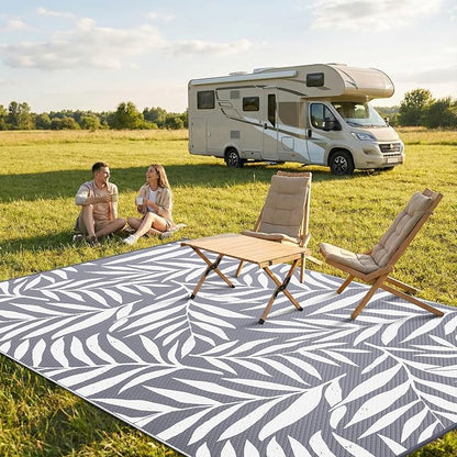 Smiry Outdoor Rug 8x10 ft, Waterproof Reversible Plastic Straw Rugs, Outdoor Area Rug with Leaf Pattern, Outside Floor Mat for Patio, Backyard, Deck, Picnic, Beach, Camping, Grey & White