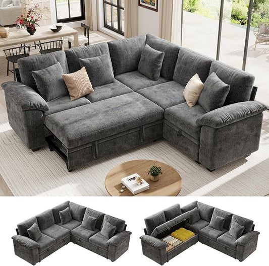 Ihanherry 86" Modular Sectional Sofa with Pull Out Bed, 5-Seater L Shaped Sectional Sleeper Couch with Storage, Chenille Convertible Couches for Living Room, Apartment (Grey)