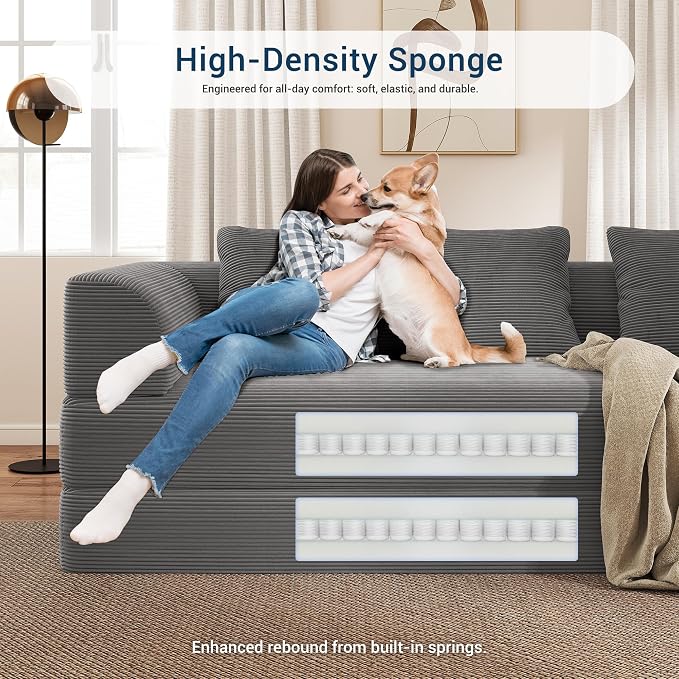 89" Cloud Boneless Convertible Sofa Bed, 5-in-1 Foldable Compressed High-Density Sponge Sofa, Corduroy Fabric 3 Seater Sleeper Couch Futon Daybed for Living Room Bedroom (Medium Gray)