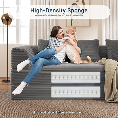 89" Cloud Boneless Convertible Sofa Bed, 5-in-1 Foldable Compressed High-Density Sponge Sofa, Corduroy Fabric 3 Seater Sleeper Couch Futon Daybed for Living Room Bedroom (Medium Gray)