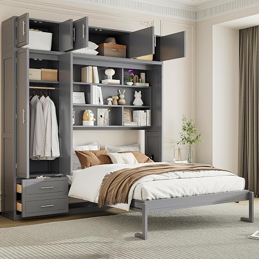 Murphy Bed Queen Size,Murphy Bed with Top Cabinet and Shelves,Space-Saving Multifunctional Hideaway Wall Foldable Bed w/Slat Support,Bedroom Folding Bedframe for Guest Room,Gray