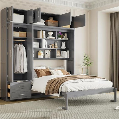 Murphy Bed Queen Size,Murphy Bed with Top Cabinet and Shelves,Space-Saving Multifunctional Hideaway Wall Foldable Bed w/Slat Support,Bedroom Folding Bedframe for Guest Room,Gray