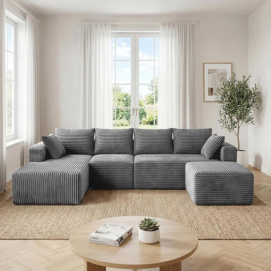 118" Modular Sectional Sofa with Chaise and Ottoman, Oversized U-Shaped Corduroy Cloud Couch, Deep Seat Boneless Couch for Living Room, No-Assembly - Grey(Left Facing Chaise)