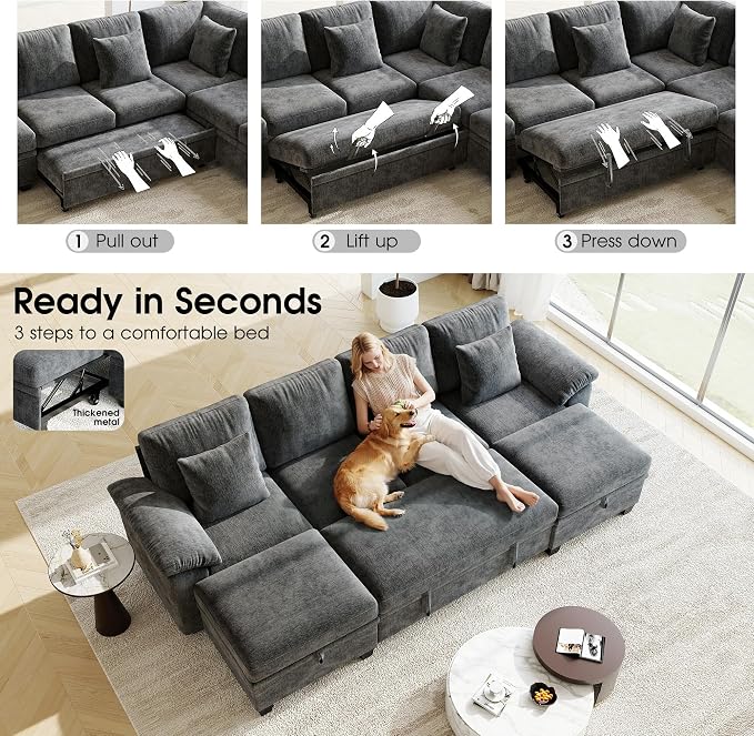 Sectional Sleeper Sofa Bed, 107.8" U Shaped 6 Seat Pull Out Couch with Storage Ottoman, Convertible Cloud Couch Bed, Modular Sectional Couches for Living Room, Apartment (Gray)