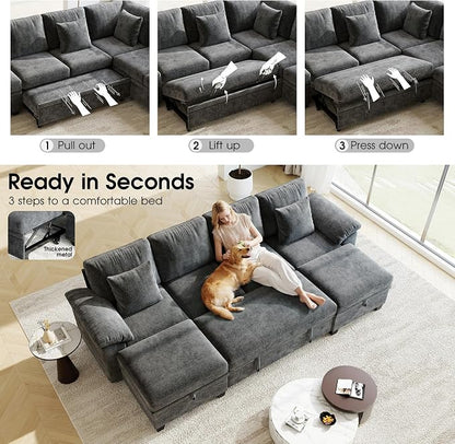 Sectional Sleeper Sofa Bed, 107.8" U Shaped 6 Seat Pull Out Couch with Storage Ottoman, Convertible Cloud Couch Bed, Modular Sectional Couches for Living Room, Apartment (Gray)