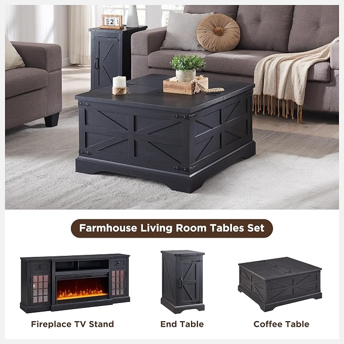 JXQTLINGMU Farmhouse Lift Top Coffee Table with Large Storage, 36" Square Wood Living Room Table with Hidden Compartment, Lift Tabletop Dining Table for Home, Black