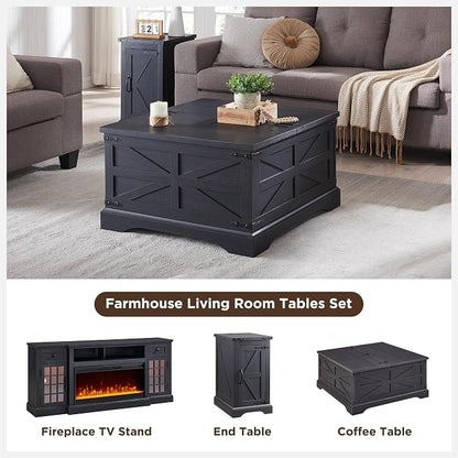 JXQTLINGMU Farmhouse Lift Top Coffee Table with Large Storage, 36" Square Wood Living Room Table with Hidden Compartment, Lift Tabletop Dining Table for Home, Black