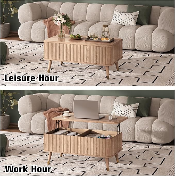 Lift Top Coffee Table with Storage, Mid Century Modern Coffee Table with Solid Wood Legs, 38" Minimalist Fluted Center Table for Living Room, Home Office, Natural Oak