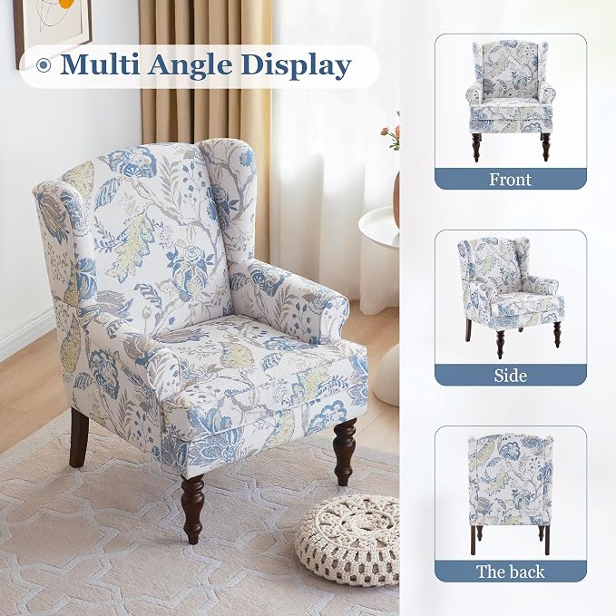 HUIMO Printed Wingback Accent Chair, Linen Upholstered High Back Armchair, Comfy Reading Chair for Living Room Bedroom Study, 300lbs Weight Capacity (1, Blue Floral)