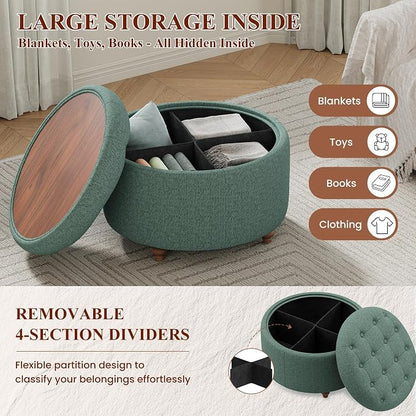 25Inch Round Ottoman with Storage, Tufted Fabric Modern Circle Ottoman with Reversible Tray Lid and Wood Legs, Multi-Functional Small Coffee Table for Living Room, Bedroom, Green