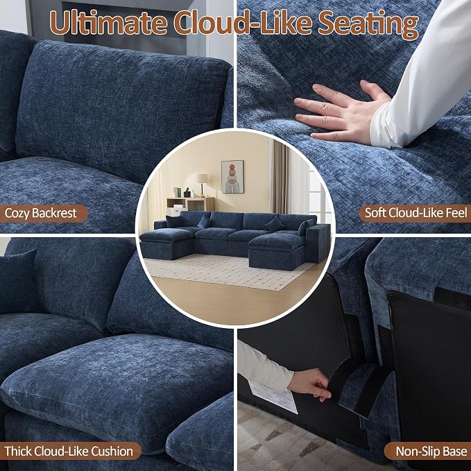 146''Cloud Boneless Sectional Couch, Modular Sectional Sofa Deep Seat with 2 Ottomans, Oversized Upholstered Convertible Comfy 6 Seater Chenille Sofa U Shape Couches for Living Room, Navy
