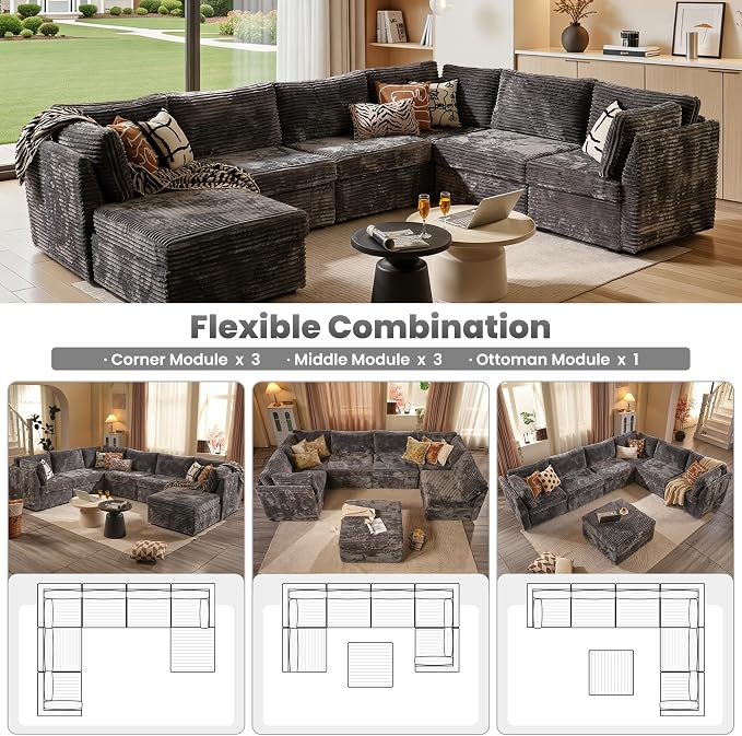 ovios Modular Sectional Sofa Couch with Sofa Bed U-Shape Chaise, Comfy Plush Corduroy Cloud Couches, Modern Luxury Deep Seat Sofas Set for Living Room, 7-Seater, Grey
