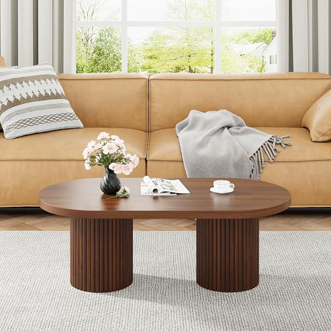 Oval Fluted Coffee Table, Farmhouse Wood Coffee Table Mid Century Modern Center Table Boho Living Room Tables for Living Room Office (Walnut, 19.69" D x 39.38" W x 13.78" H)