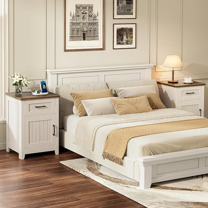 Decofy Farmhouse Nightstand with Charging Station, Set of 2 Modern End Tables with Large Storage and One Drawers, Outlets, USB Ports & Type-C Ports, Easy Assembly for Bedroom (Pure White + Walnut)