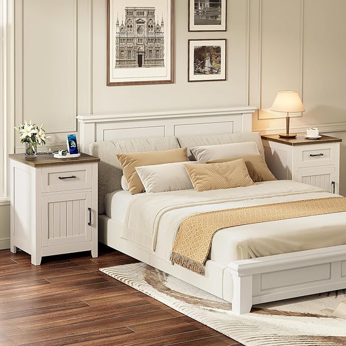 Decofy Farmhouse Nightstand with Charging Station, Modern End Tables with Large Storage and One Drawers, Outlets, USB Ports & Type-C Ports, Wood Rustic Nightstands for Bedroom (Pure White + Walnut)