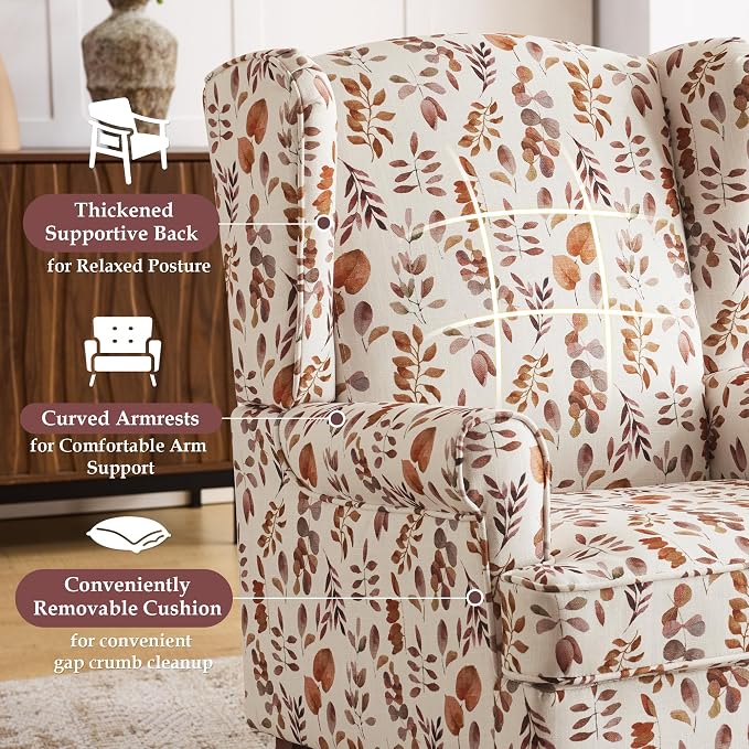 EROMMY Floral Accent Chair, Comfortable High Back Upholstered Armchair with Solid Wood Legs, Leisure Single Sofa Chair for Living Room, Home Office, Bedroom, Orange Floral
