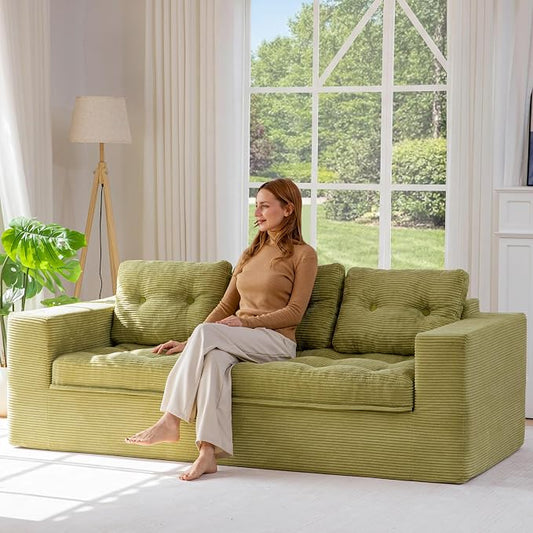 MAXYOYO 79" Loveseat Sofa Couch for Small Spaces, Upholstered Boneless Cloud Couch for Apartment Bedroom, 3-Seater Love Seat Floor Modern Sofa with Pillows, No Assembly Required, Green