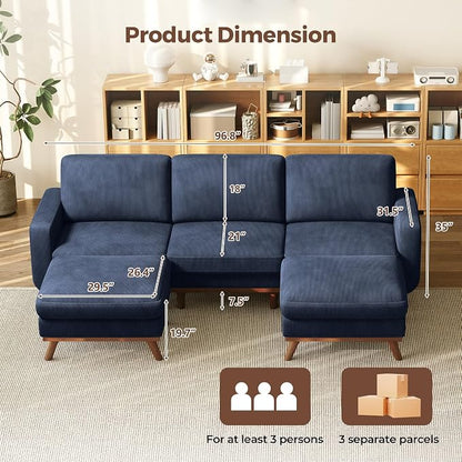Convertible U-Shaped Corduroy Sectional Sofa, 3-Seater Couch with 2 Ottomans, FSC Solid Wood Frame, Spring Cushions, Blue