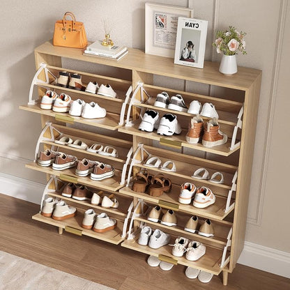 BORNOON Shoe Cabinet for Entryway with 6 Flip Drawers, Slim Wooden Shoe Storage Organizer with Modern Fluted Pannel，Freestanding Narrow Hidden Shoe Rack for Hallway, Foyer, Living Room