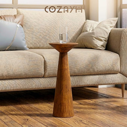COZAYH 22.8” Tall Round Martini End Table, Walnut – Solid Pine Wood Pedestal Accent Drink Stand with Tapered Base – Farmhouse Modern Furniture for Living Room, Bedroom & Small Spaces