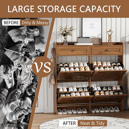 Shoe Cabinet with 4 Flip Drawers & 2 Top Drawers, 43" Tall Freestanding Narrow Wooden Shoe Storage Organizer for Entryway, Hidden Slim Shoe Rack for Front Door Entrance, Hallway, Living Room, Walnut