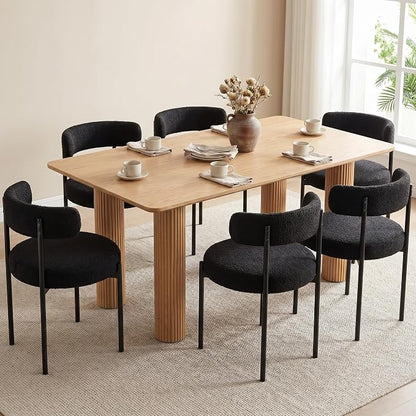 Boucle Dining Chairs Set of 6, Black Dining Chairs with Upholstered Seat and Round Back, Mid-Century Modern Kitchen Chairs for Dining Room, Restaurant