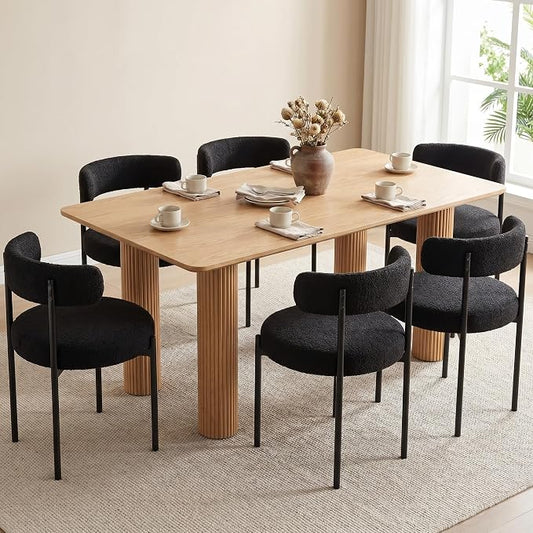 Boucle Dining Chairs Set of 6, Black Dining Chairs with Upholstered Seat and Round Back, Mid-Century Modern Kitchen Chairs for Dining Room, Restaurant