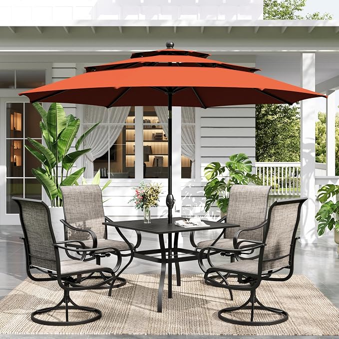Sophia & William Outdoor Dining Set with Umbrella for 4 Person, Include 4 x Swivel Patio Chairs, 1 x Classic Metal Table and 10ft Orange Red Patio Umbrella (No Umbrella Base) for Deck Garden Backyard