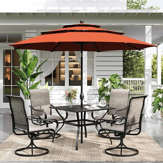 Sophia & William Outdoor Dining Set with Umbrella for 4 Person, Include 4 x Swivel Patio Chairs, 1 x Classic Metal Table and 10ft Orange Red Patio Umbrella (No Umbrella Base) for Deck Garden Backyard