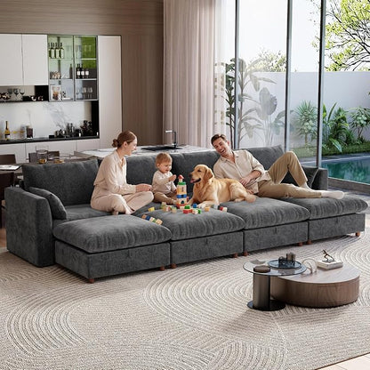 Ihanherry 152" Oversized Modular Sectional Sofa, Modern Cloud Couch with 4 Storage Ottoman, 8-Seat Comfy Chenille Deep Seat Sofa with 2 Pillows for Living Room, Grey