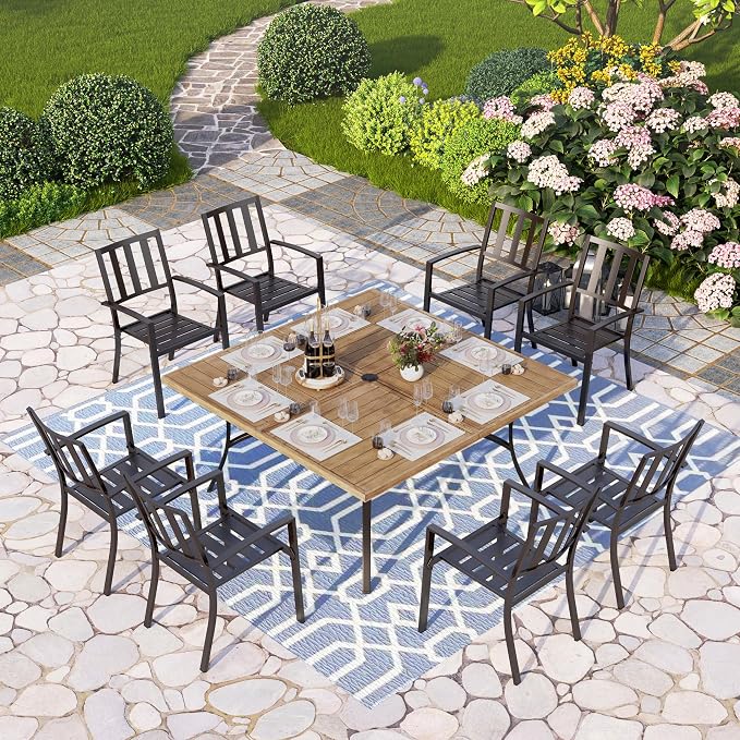 PHI VILLA 9 Pieces Outdoor Dining Set for 8, 57.5” Brown Wood-Like Square Metal Steel Table with Umbrella Hole & Stackable Wrought Iron Chairs, Large Outside Furniture for Patio, Deck, Yard, Porch