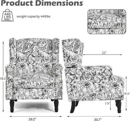 High Back Accent Chairs Set of 2, Fabric Upholstered Armchair Floral Wingback Chair for Living Room, Comfy Single Sofa Solid Wood Legs Bedroom Reading Seat - Rococo Black