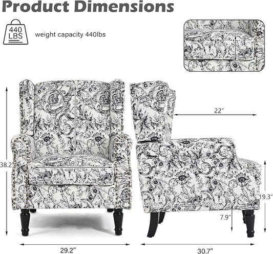 High Back Accent Chairs Set of 2, Fabric Upholstered Armchair Floral Wingback Chair for Living Room, Comfy Single Sofa Solid Wood Legs Bedroom Reading Seat - Rococo Black