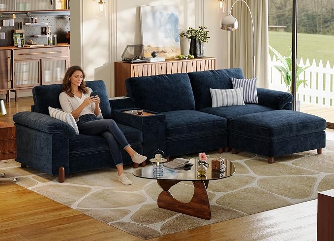 SITJOY Large Cloud Couch, 132" Wide 3 Seater Couch with Console, Navy Blue | Detachable and Washable Chenille Cover Sectional Sofas for Living Room, Deep Seat Wide Couch with Chaise, Storage Ottoman