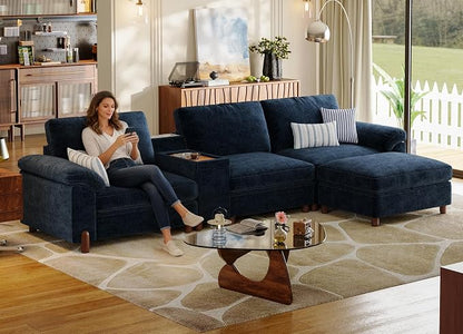 SITJOY Large Cloud Couch, 132" Wide 3 Seater Couch with Console, Navy Blue | Detachable and Washable Chenille Cover Sectional Sofas for Living Room, Deep Seat Wide Couch with Chaise, Storage Ottoman