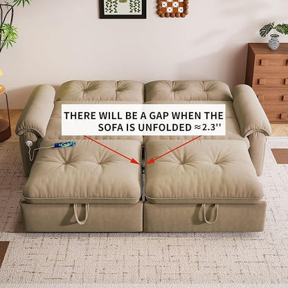 77.2'' Pull Out Couch Full Size, Pre-assembled Sleeper Sofa Bed, Flannel Convertible Futon Sofa Bed with Adjustable Backrest, USB, Side Pocket, Loveseat for Living Room, Apartment, Light Brown