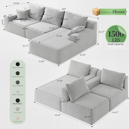 Homkdom 98" Boneless Couches for Living Room, L-Shape Modular Sectional Sofa with Deep Seat Oversized Right Facing Chaise, Cloud Couch for Apartment, Small Space (Grey-Check, Right Facing)
