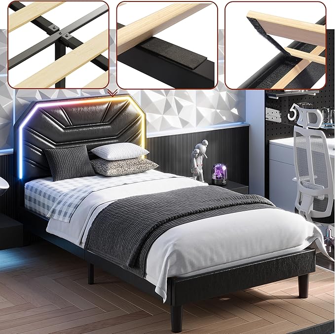 LIKIMIO Twin Bed Frames with LED Light Headboard, Upholstered Modern Cama Twin Platform Bed Frame with Heavy Duty Supports, No Box Spring Need, Noise Free, Easy Assembly, Black