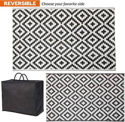 SAND MINE Waterproof Outdoor Rug 5x8 ft, Plastic Reversible Rug, Modern Area Rug, Large Floor Mat for Outdoors, RV, Patio, Backyard, Deck, Picnic, Beach, Camping (5' x 8', Black & White Lattice)