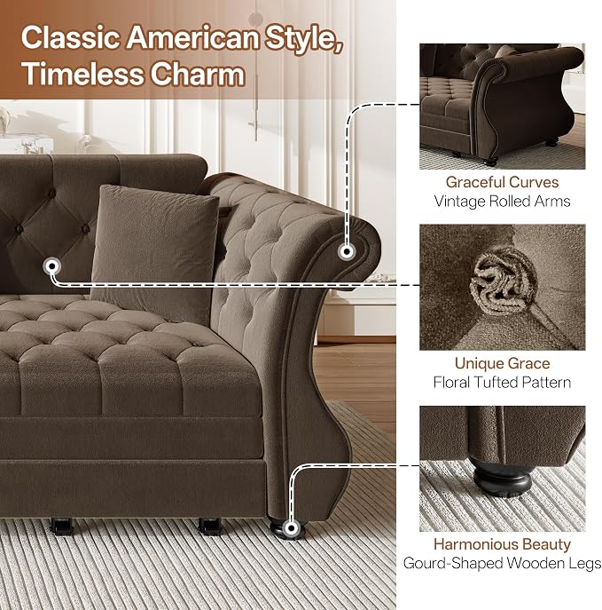 97.6" Oversized Pull Out Sofa Bed, Chesterfield Velvet Sleeper Sofa Couch with Roll Arm & Flower Tufting, Heavy Duty Metal Frame Convertible Sofa for Living Room, Apartment, Guest Room, Brown