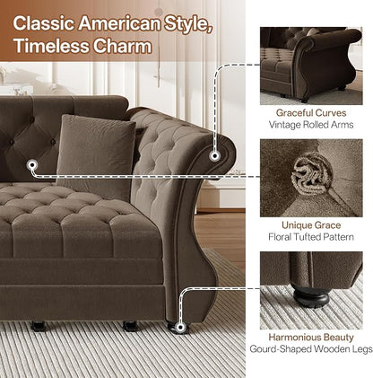 97.6" Oversized Pull Out Sofa Bed, Chesterfield Velvet Sleeper Sofa Couch with Roll Arm & Flower Tufting, Heavy Duty Metal Frame Convertible Sofa for Living Room, Apartment, Guest Room, Brown