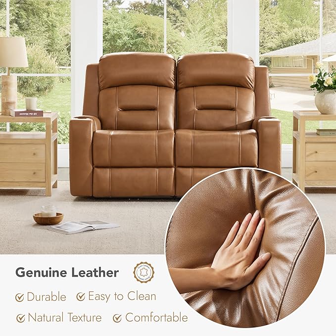 Watson & Whitely Genuine Leather Power Loveseat Recliner Sofa, Lay Flat Loveseat Reclining Sofa with Power Headrest, Cup Holders, USB & Type-C Ports, Dual Recliners for Living Room, Saddle Brown
